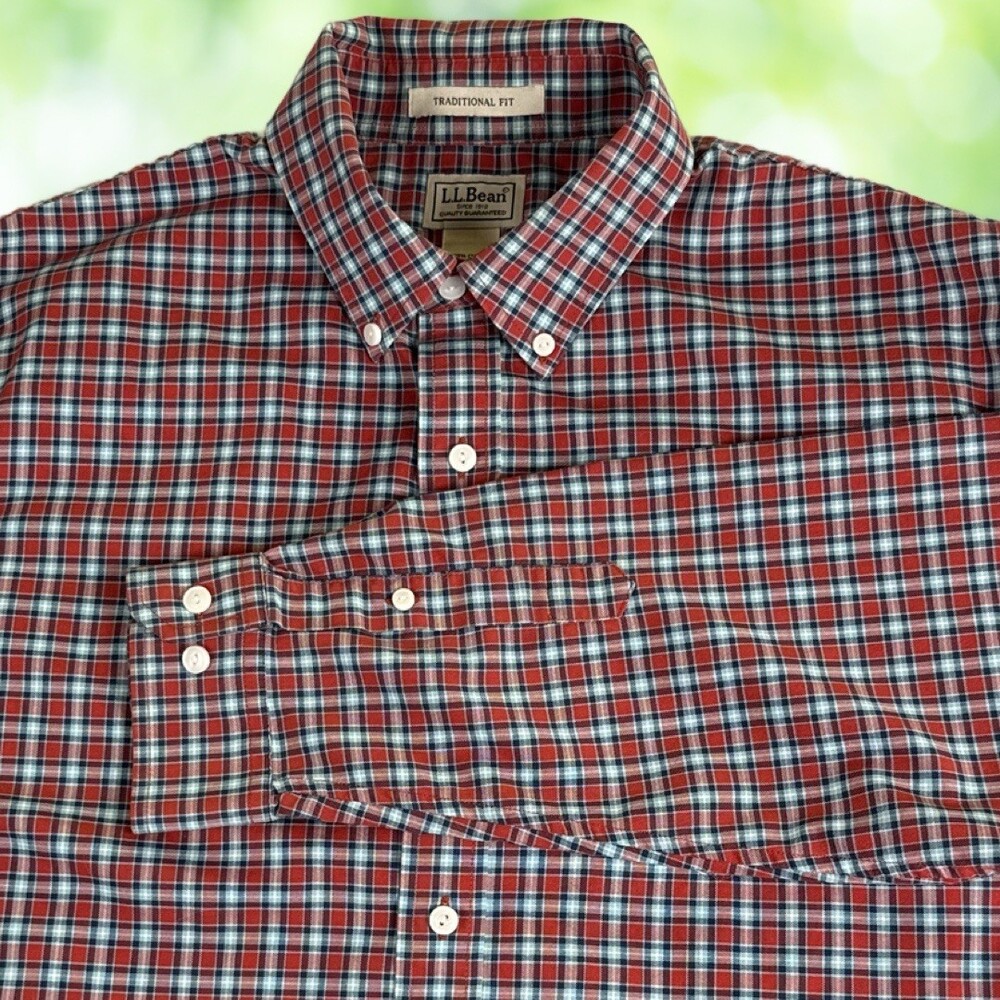Vintage Y2K LL BEAN Shirt Red Blue Plaid Button Down Traditional Fit Cotton Sz L